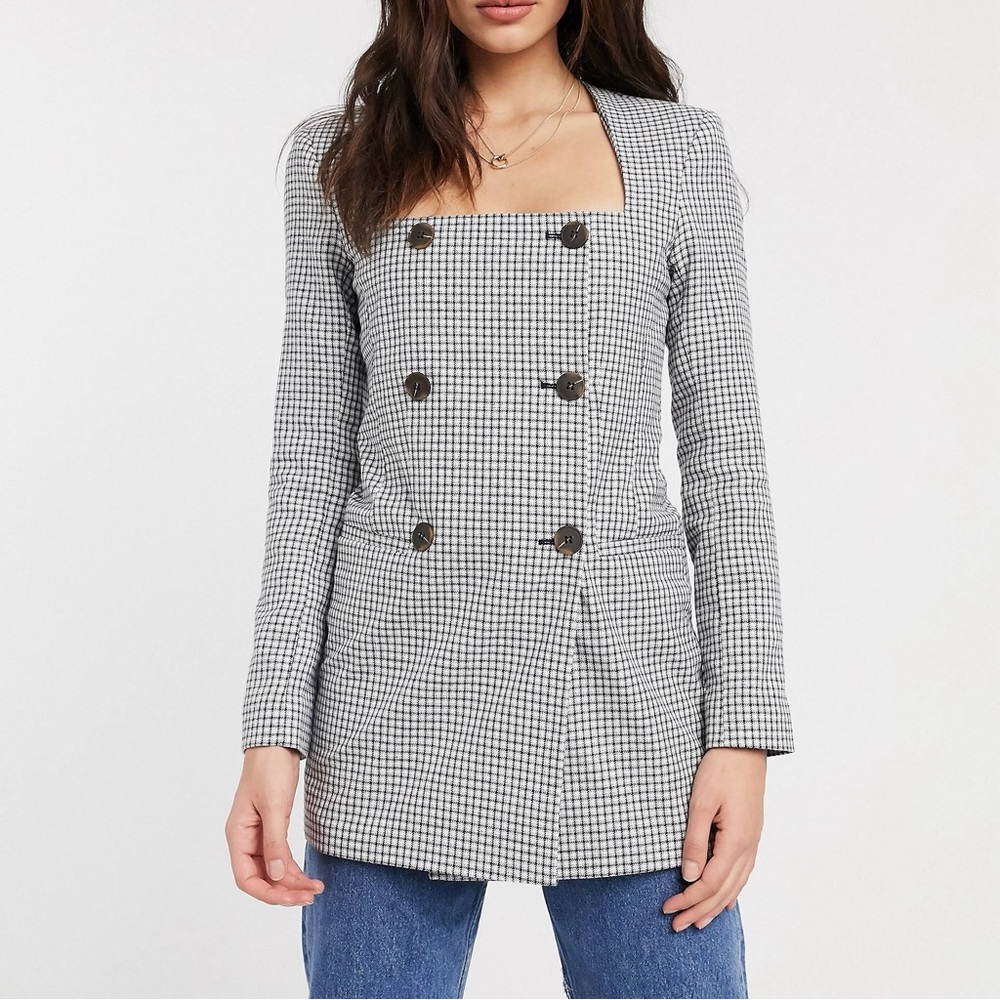 ASOS DESIGN gingham square neck long line blazer | size 12